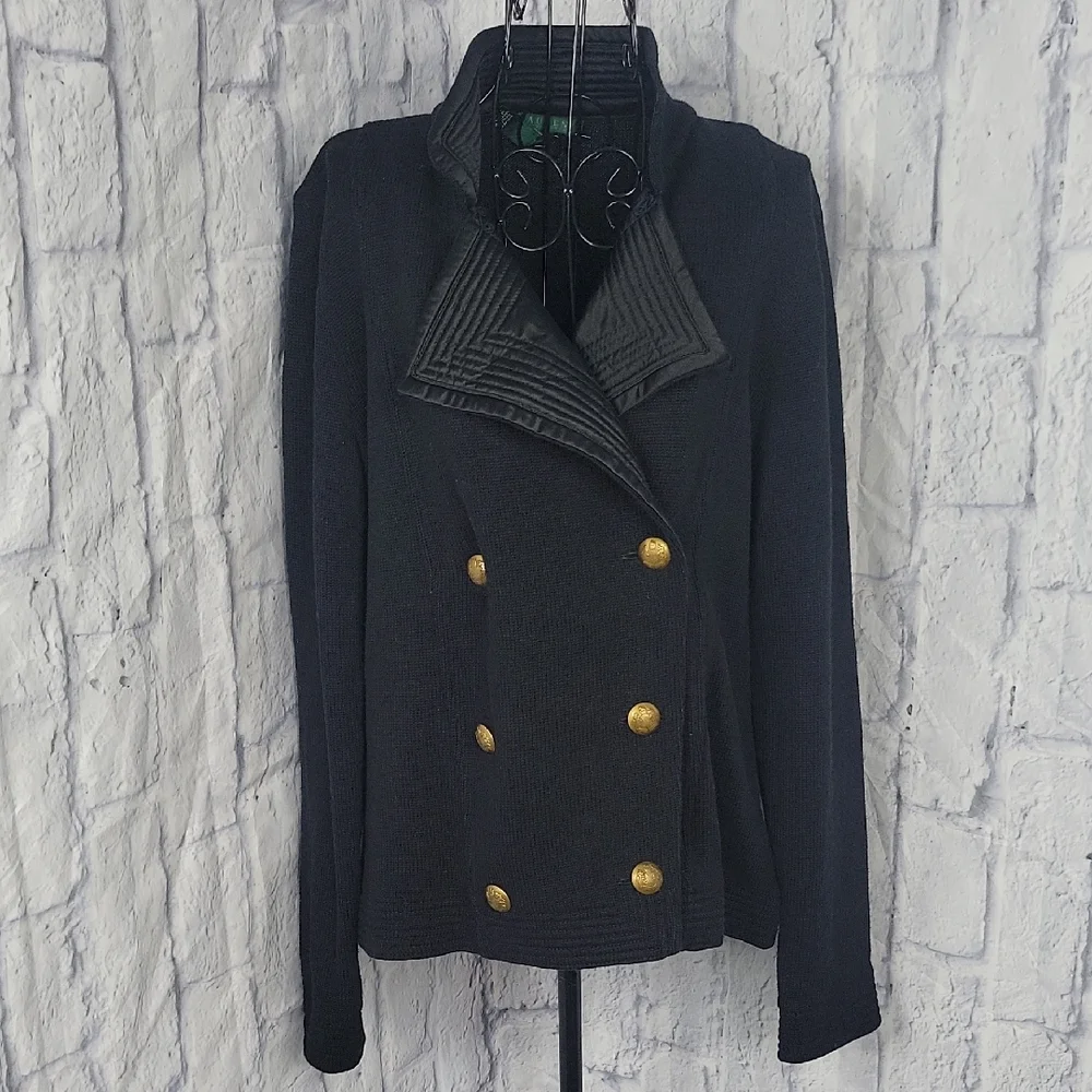 Lauren Ralph Lauren Black Knit Peacock‎ Gold Buttons Jacket Large